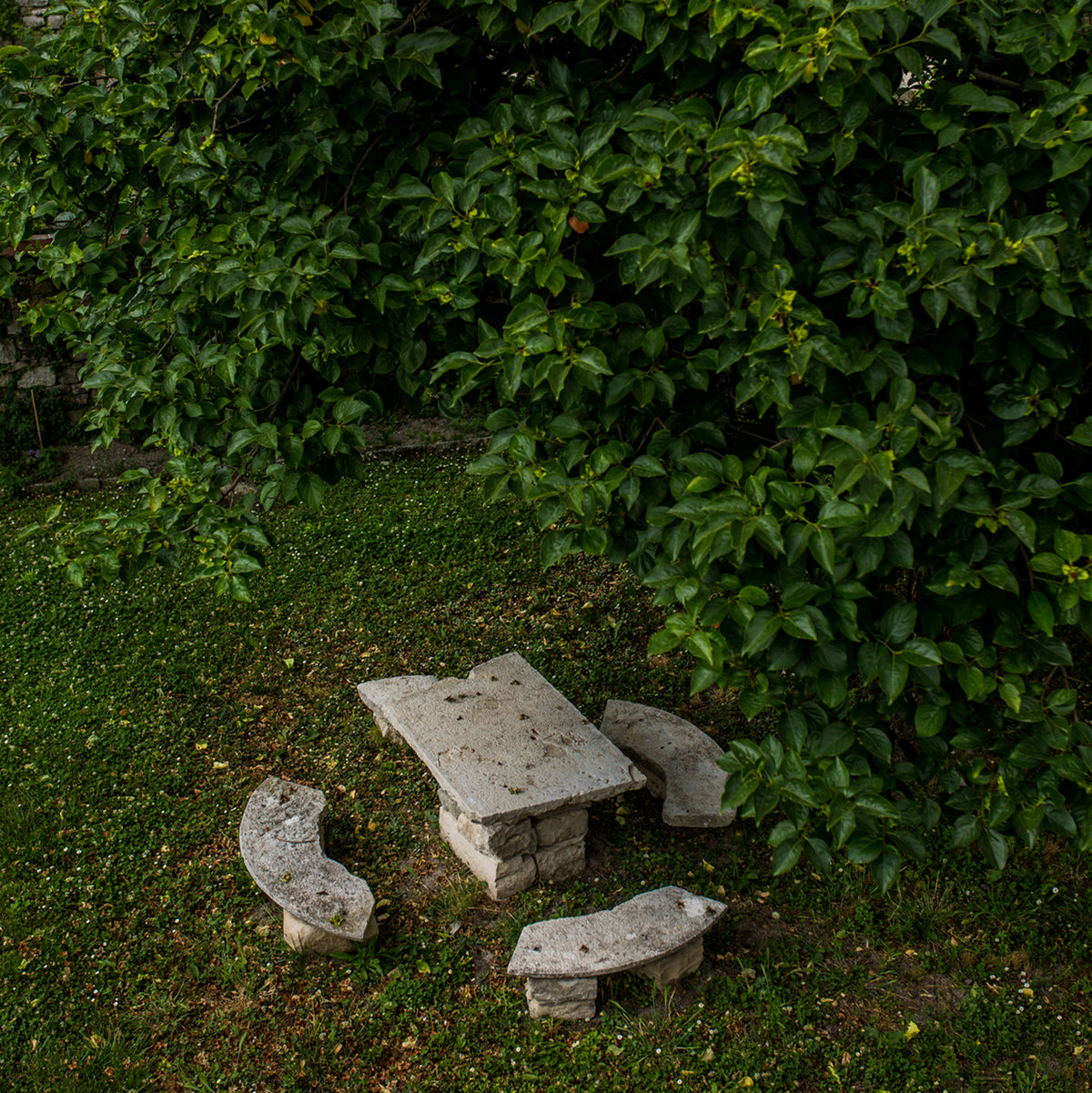 a view from above of a stone table and benches in an outdoor garden